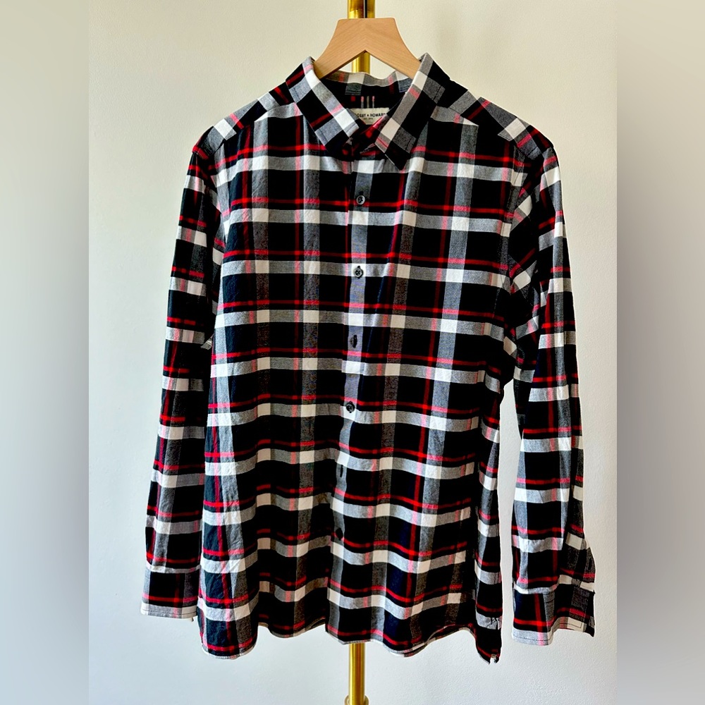 Black, white and red plaid cotton stretch fabric shirt